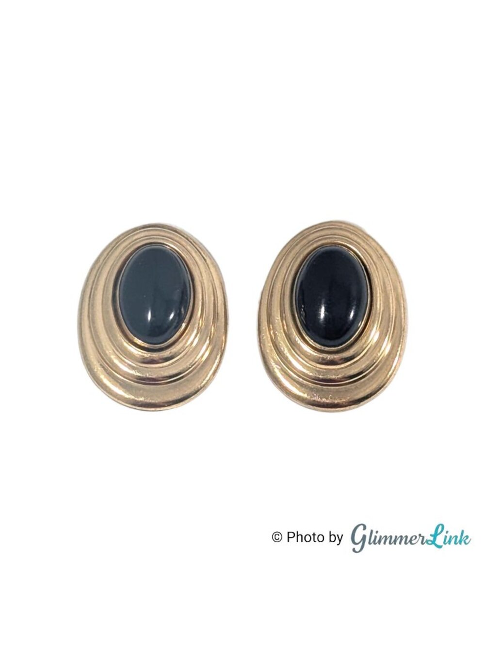 Vintage 14K Gold Filled Carla Oval Black Cabochon Clip On Earrings